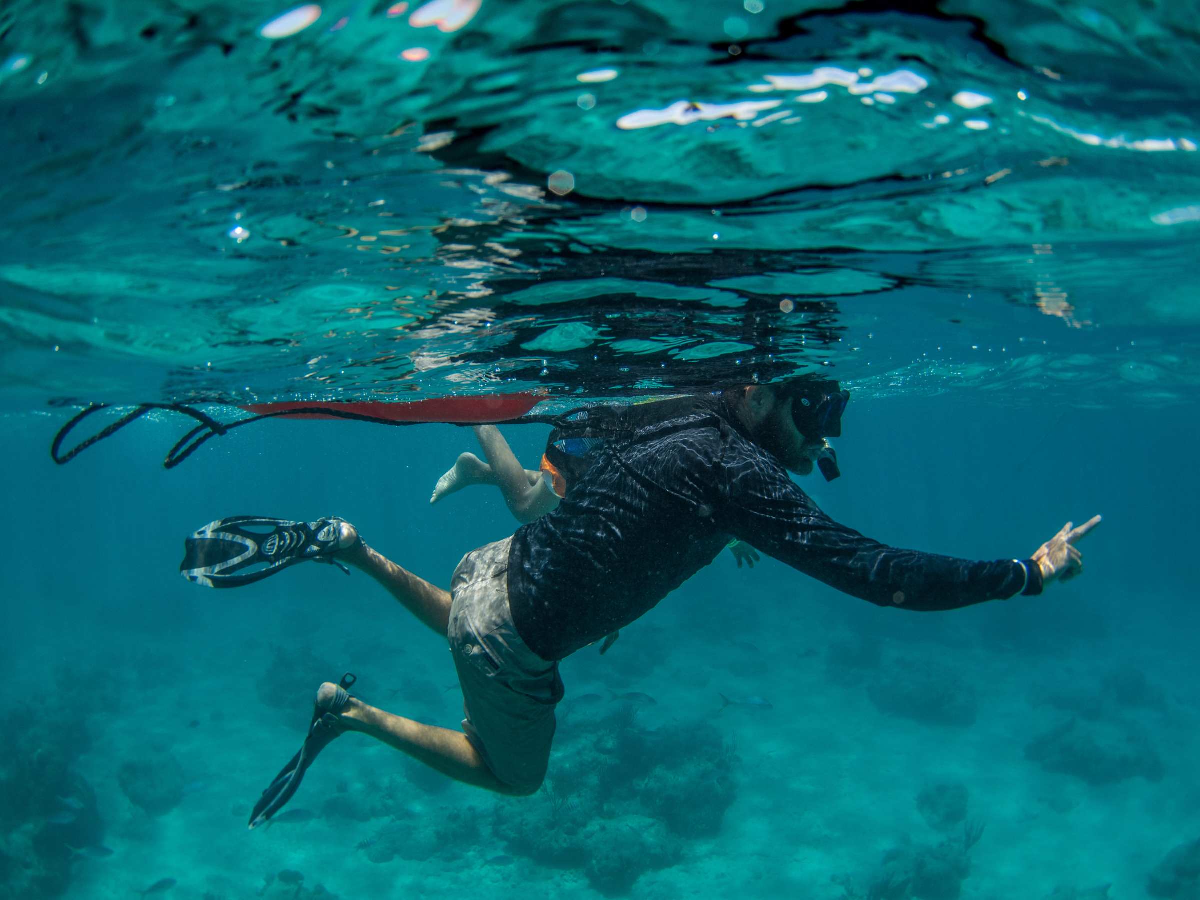 a man flying through the air while swimming in a body of water