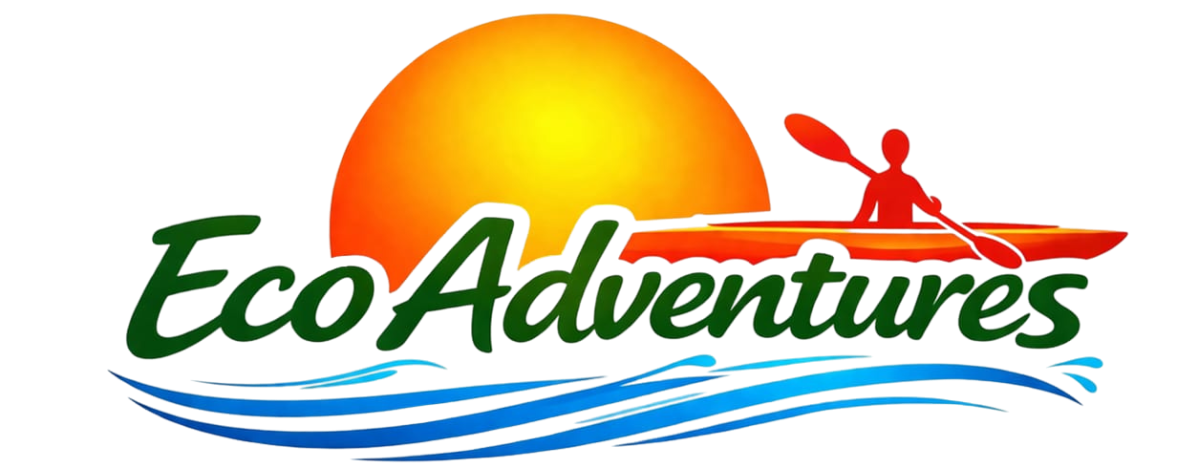 EcoAdventures logo with sun, kayaker, and waves.
